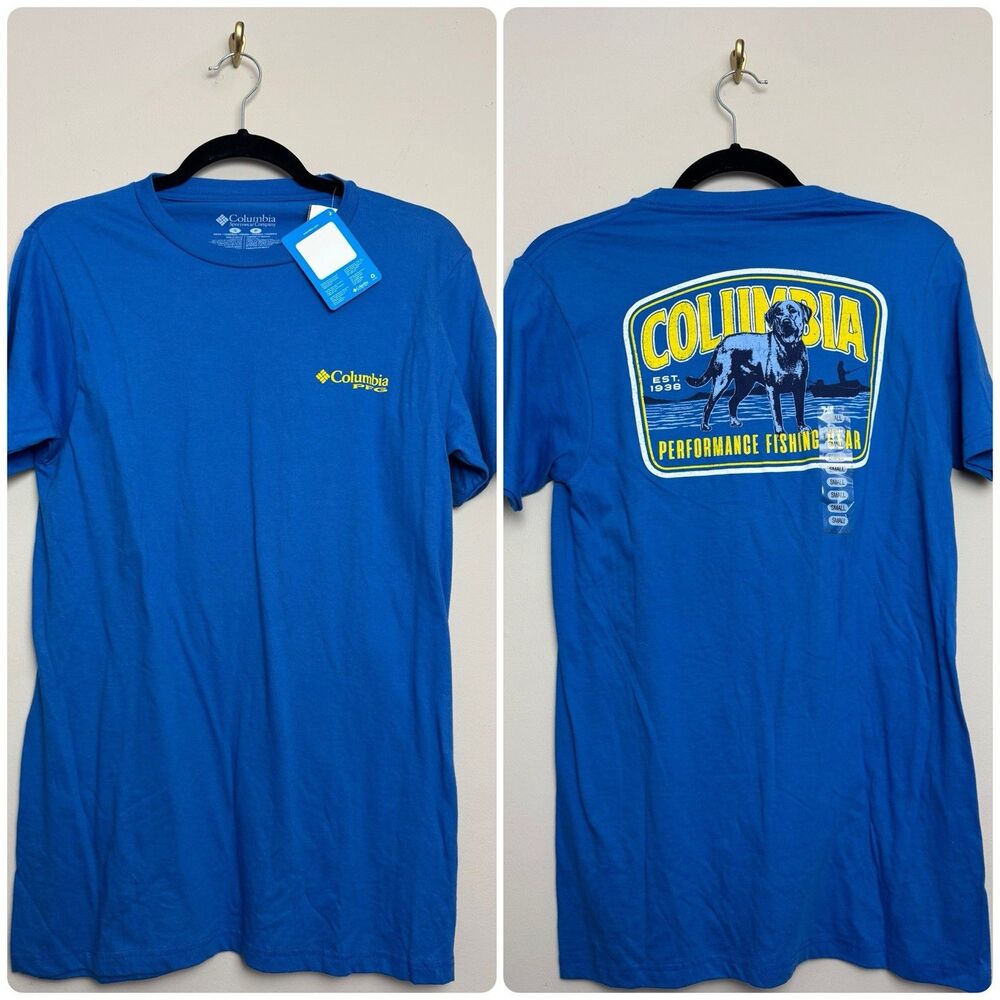 Columbia Mens Short Sleeve Shirt Size Small Blue Yellow Cotton Dog Crew Neck